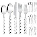 20 Piece Long Handle Thickened Black and White Polka Dot Silverware Tableware Set for 4 People, 18/10 Stainless Steel Flatware Set, Table Knife Fork Spoon Fruit Fork Tea Spoon Cutlery Sets (White)