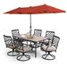 Lark Manor™ Alyah Rectangular 6 - Person 60" Long Outdoor Dining Set w/ Cushions & Umbrella Plastic/Metal in Orange/Red | 60 W x 38 D in | Wayfair