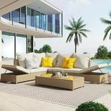 3-Piece Outdoor Garden Bench Patio Rattan Sofa Set All Weather PE Wicker Sectional Set with Adjustable Chaise Lounge Frame and Tempered Glass Table for Patio Lounge Natural Brown+ Beige Cushion
