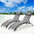 2Pcs Set Outdoor Chaise Lounge Chairs Portable Folding Aluminum Patio Recliner Chair with 5 Position Adjustable Backrest All Weather Pool Lounger Chairs for Beach Poolside Sunbathing Gray