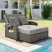 Outdoor Patio Double Chaise Lounge PE Wicker Rattan 2-Person Reclining Sunbed with 3-Height Adjustable Back and Cup Tray Patio Furniture Set with Free Furniture Protection Cover Gray