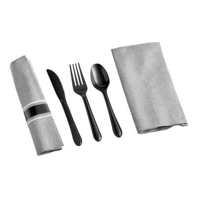 Hoffmaster CaterWrap 15 1/2" x 17" Pre-Rolled Linen-Like Onyx Gray Napkin and Black Heavy Weight Plastic Cutlery Set - 100/Case