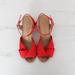 Anthropologie Shoes | Anthropologie Cork Block Heel Sandals In Red Suede Sz Us 8 / Eu 38 Satiny | Color: Red/Tan | Size: 8