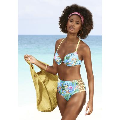 Push-Up-Bikini-Top VENICE BEACH "Hanni", Damen, Gr. 38, Cup B, blau (blau, bedruckt), Recycling-Polyamid, bedruckt, floral, Bikini-Oberteile, mit tropischem Print und gelben Details Image
