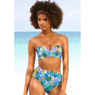 Bügel-Bandeau-Bikini-Top VENICE BEACH "Hanni", Damen, Gr. 38, Cup D, blau (blau, bedruckt), Recycling-Polyamid, bedruckt, floral, Bikini-Oberteile, mit tropischem Print und gelben Details Image
