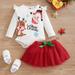 IROINNID Mini Tutu Skirt For Girl Round Neck New Baby Christmas Cute Little Elk Santa Claus Printed Romper + Red Mesh Skirt Two-piece Suit Long Sleeve Pullover Skirt White