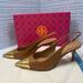 Tory Burch Shoes | New Tory Burch Penelope Cap-Toe Slingback Pump, Caramel Brown Gold Accent Heels | Color: Brown/Gold | Size: 9.5