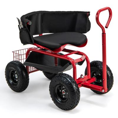 Costway Cushioned Rolling Garden Cart Scooter with Storage Basket and Tool Pouch-Black & Red