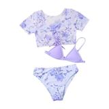 Baby Swimsuit Girl Summer 3 Piece Purple Floral Print Bikini Set Toddler Bathing Suit Girl Size 10-11 Years