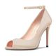 Castamere Women's High Heel Stilettos Peep Open Toe Pumps Court Shoe Ankle Strap Dress Wedding Sandals 10 CM Heels Beige Satin 5 UK