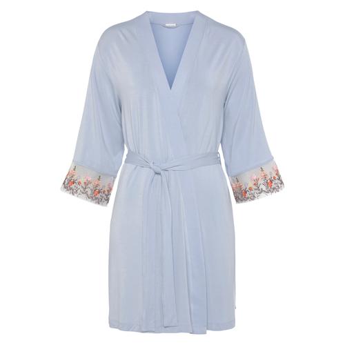 Kimono LASCANA Gr. 36/38, blau (hellblau) Damen Bademäntel Morgenmäntel mit bestickter Spitze