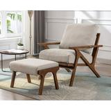 Guyou Mid Century Accent Chair and Ottoman Set Upholstered Denim Fabric Armchair Comfy Single Sofa Lounge Chair with Wooden Frame for Fireplace Bedroom Living Room Study Beige