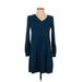 Ann Taylor LOFT Casual Dress - A-Line V Neck Long sleeves: Blue Print Dresses - Women's Size X-Small