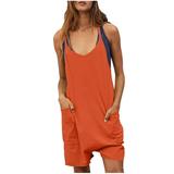 Xihbxyly Jumpsuits for Women Clearance Casual Womens Summer Casual Sleeveless Rompers Loose Spaghetti Strap Shorts Jumpsuit Linen Scoop Neck Wide Leg Jumpsuit with Pockets Orange L