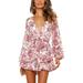 Tejiojio Active Women s Summer Clearance Women Printed Beach Jumpsuits Deep V-Neck Long Sleeve Bandage Knot Ruffle Hem Floral Rompers