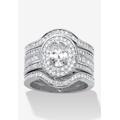 Women's 2.60 Cttw. Oval Cubic Zirconia Platinum-Plated Halo Scalloped Wedding Ring Set by PalmBeach Jewelry in Silver (Size 6)