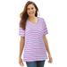 Plus Size Women's Perfect Printed Short-Sleeve V-Neck Tee by Woman Within in White Multi Mini Stripe (Size M) Shirt