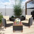 3 Pieces Patio Rattan Bistro Furniture Set with Wooden Table Top Beige Cushion