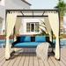 Outdoor Patio Swing Bed Chair for 2-3 People Rattan Wicker Canopy Tent Porch Swing Bed with Weather Resistant Steel Frame with Adjustable Sunshade Curtains for Balcony Porch Garden Blue+Beige