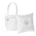 6 * 6 Inches Double Heart Satin Ring Bearer Pillow And Wedding Flower Girl Basket Set With Rhinestone Ribbon Decoration White