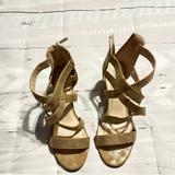Torrid Shoes | Gold Strappy Open Toe Wedge Heel Sandals With Zipper In Back Missing, Torrid 12w | Color: Cream/Gold | Size: 12