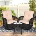 SOCIALCOMFY 3-Piece Patio Wicker Conversation Bistro Set Rattan Gliding Rocking Swivel Chairs with Cushion and Glass Top Side Table Outdoor Furniture Sets for Garden Backyard Dark Brown