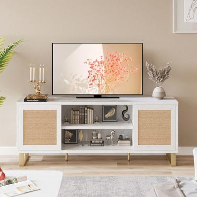 Ail TV Stand for 65 Inch TV Stand White Entertainment Center Modern TV Console Table Rattan Doors with Storage