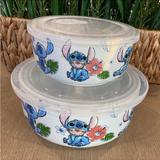 Disney Kitchen | Disney Lilo & Stitch Floral Ceramic Food Storage Containers Set Of 2 | Color: Blue/White | Size: Small: 2.5” H X 5” W Large 3.25” H X 7” W