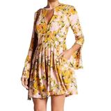 Free People Dresses | Euc Free People Tegan Floral Cutout V-Neck Pleated Long Sleeve Mini Dress | Color: Pink/Yellow | Size: 8