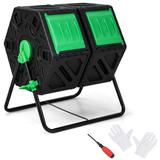 Costway Dual Chamber Garden Compost Tumbler with Sliding Doors-Black & Green