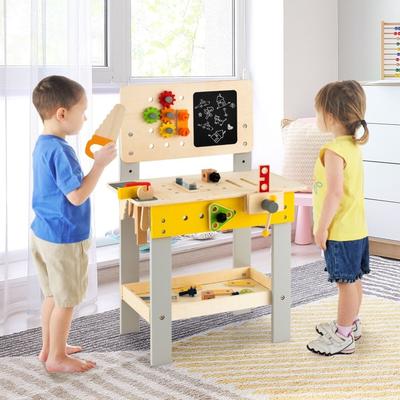 Wooden Pretend Play Workbench Set with Blackboard for Toddlers Ages 3+ - 21" x 12" x 29.5"-32" (L x W x H)