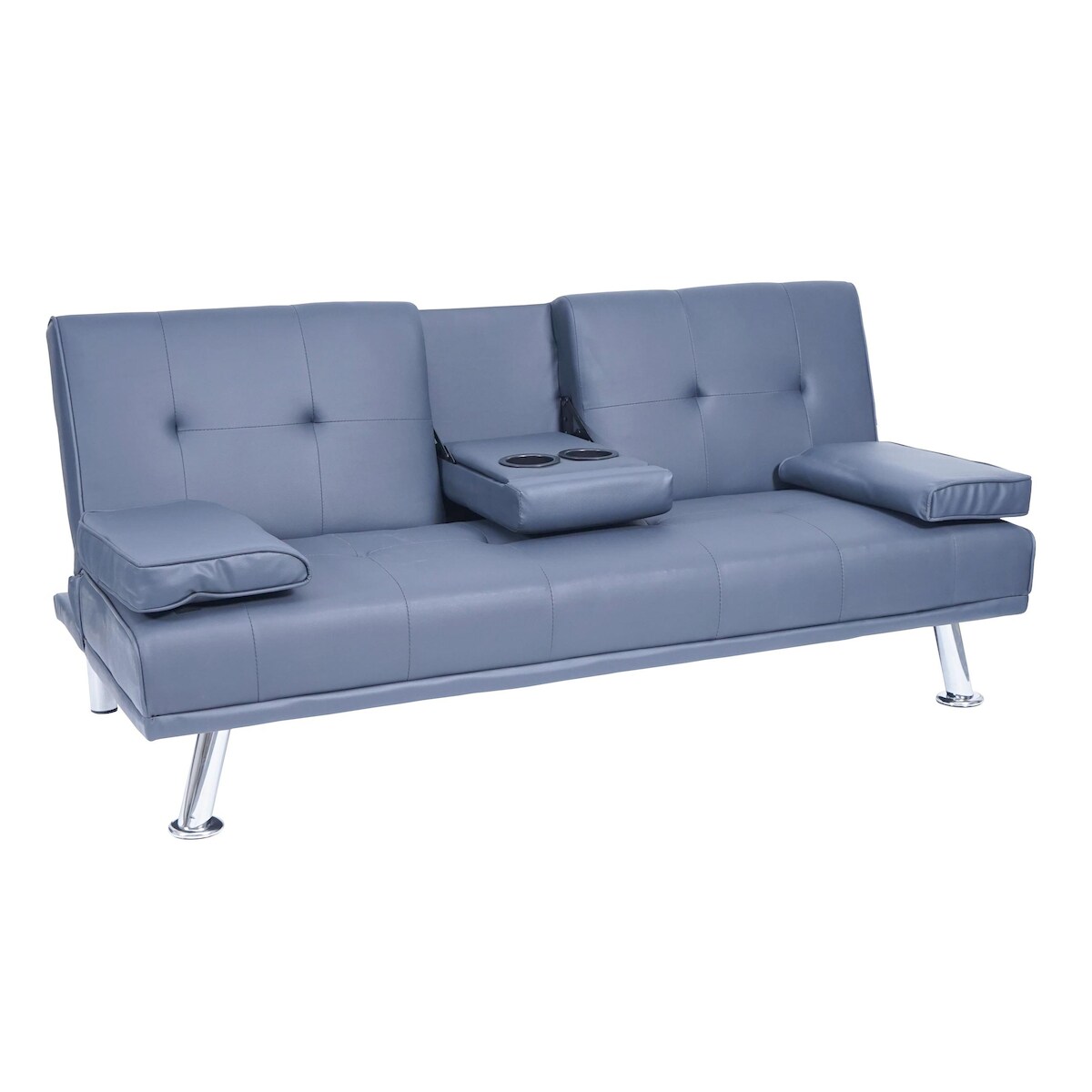 Mendler 3er-Sofa HWC-F60, Couch Schlafsofa Gästebett, Tassenhalter verstellbar 97x166cm ~ Kunstleder, dunkelblau Image