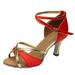 Itsun Heels Sandals Women Girl Latin Dance Shoes Med-Heels Satin Shoes Party Tango Dance Shoes Red