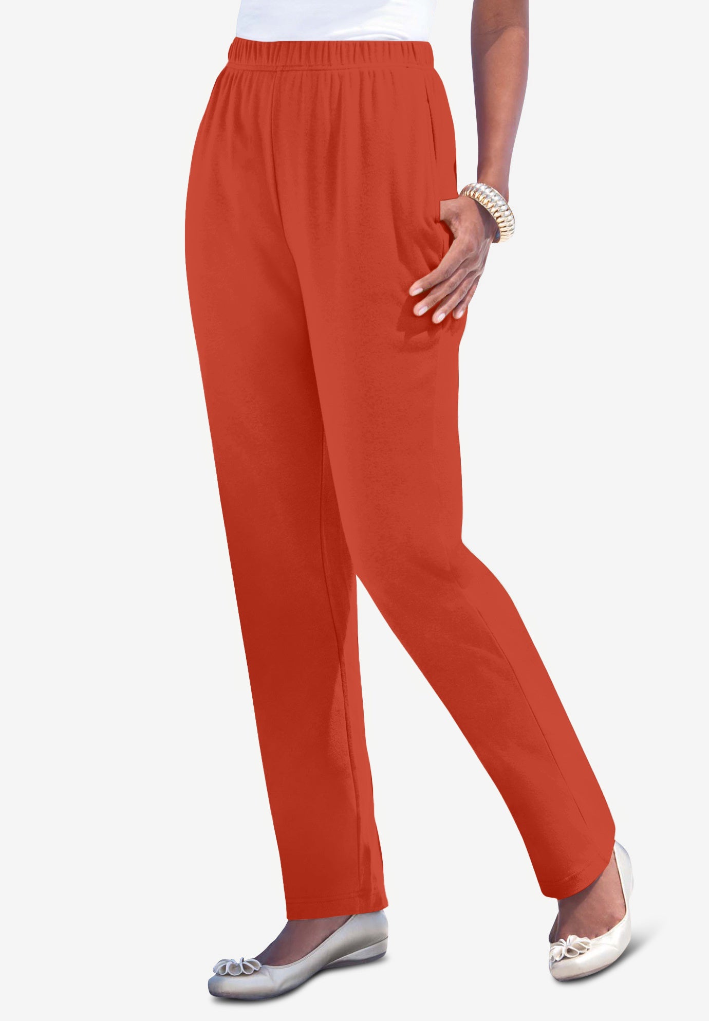 Plus Size Women's Plus Size Straight Leg Soft Knit Pull On Pant by Roaman's in Copper Red (Size 3X) Pull On Elastic Waist
