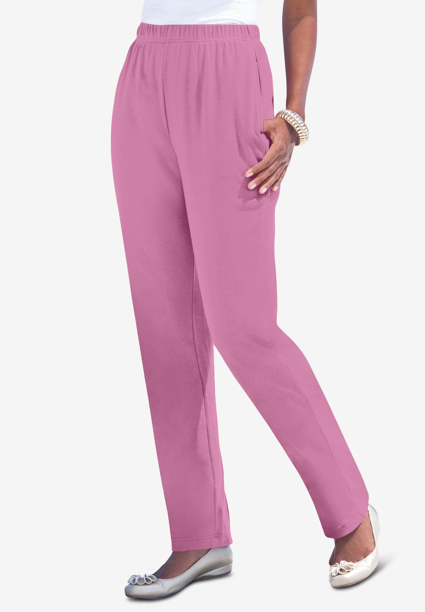 Plus Size Women's Plus Size Straight Leg Soft Knit Pull On Pant by Roaman's in Mauve Orchid (Size 6X) Pull On Elastic Waist