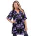 Plus Size Women's Short-Sleeve Angelina Tunic by Roaman's in Black Purple Floral (Size 16 W) Long Button Front Shirt