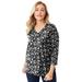 Plus Size Women's Stretch Cotton V-Neck Tee by Jessica London in Black Abstract Dot (Size 22/24) 3/4 Sleeve T-Shirt