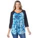 Plus Size Women's Three-Quarter Sleeve Baseball Tee by Woman Within in Blue Tie Dye (Size 3X) Shirt