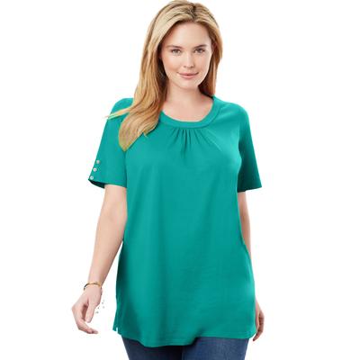 Plus Size Women's Perfect Button-Sleeve Shirred Scoop-Neck Tee by Woman Within in Waterfall (Size M) Shirt
