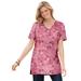 Plus Size Women's Perfect Printed Short-Sleeve Shirred V-Neck Tunic by Woman Within in Rose Pink Patchwork (Size L)