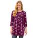 Plus Size Women's Perfect Printed Three-Quarter-Sleeve Scoopneck Tunic by Woman Within in Deep Claret Rose Ditsy Bouquet (Size L)