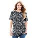 Plus Size Women's Perfect Printed Short-Sleeve Boatneck Tunic by Woman Within in Black Bandana Paisley (Size L)
