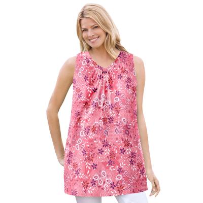 Plus Size Women's Perfect Printed Sleeveless Shirred V-Neck Tunic by Woman Within in Rose Pink Patchwork (Size 42/44)