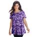 Plus Size Women's Swing Ultimate Tee with Keyhole Back by Roaman's in Violet Watercolor Rose (Size M) Short Sleeve T-Shirt