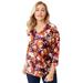 Plus Size Women's Stretch Cotton V-Neck Tee by Jessica London in Dark Berry Shadow Floral (Size 22/24) 3/4 Sleeve T-Shirt