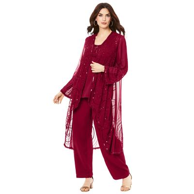 Plus Size Women's Three-Piece Beaded Pant Suit by Roaman's in Rich Burgundy (Size 14 W) Sheer Jacket Formal Evening Wear