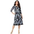 Plus Size Women's Ultrasmooth® Fabric Boatneck Swing Dress by Roaman's in Grey Flower Vine (Size 26/28) Stretch Jersey 3/4 Sleeve Dress