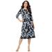 Plus Size Women's Ultrasmooth® Fabric Boatneck Swing Dress by Roaman's in Grey Flower Vine (Size 26/28) Stretch Jersey 3/4 Sleeve Dress