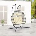 Double Hanging Egg Chair with Stand Indoor Outdoor Foldable Wicker Rattan Patio Basket Hanging Chair with Cushion and Pillow Egg Swing Chair Swing Loveseat for Bedroom Patio Balcony Garden Beige