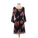 Le Lis Casual Dress - Mini Tie Neck 3/4 sleeves: Black Floral Dresses - Women's Size Small